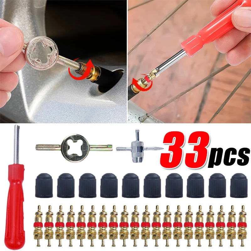 33 Pcs Valve Core Removal Tools Set Auto Bicycle Slotted Handle Tire Valve Core Remover Screwdriver Car Motorcycle Accessories