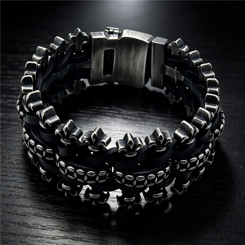 Steampunk Stainless Steel Man Bracelet Hand Bands For Men Punk Rock Men's Leather Bracelets Gothic Mannen Armband Jewelry