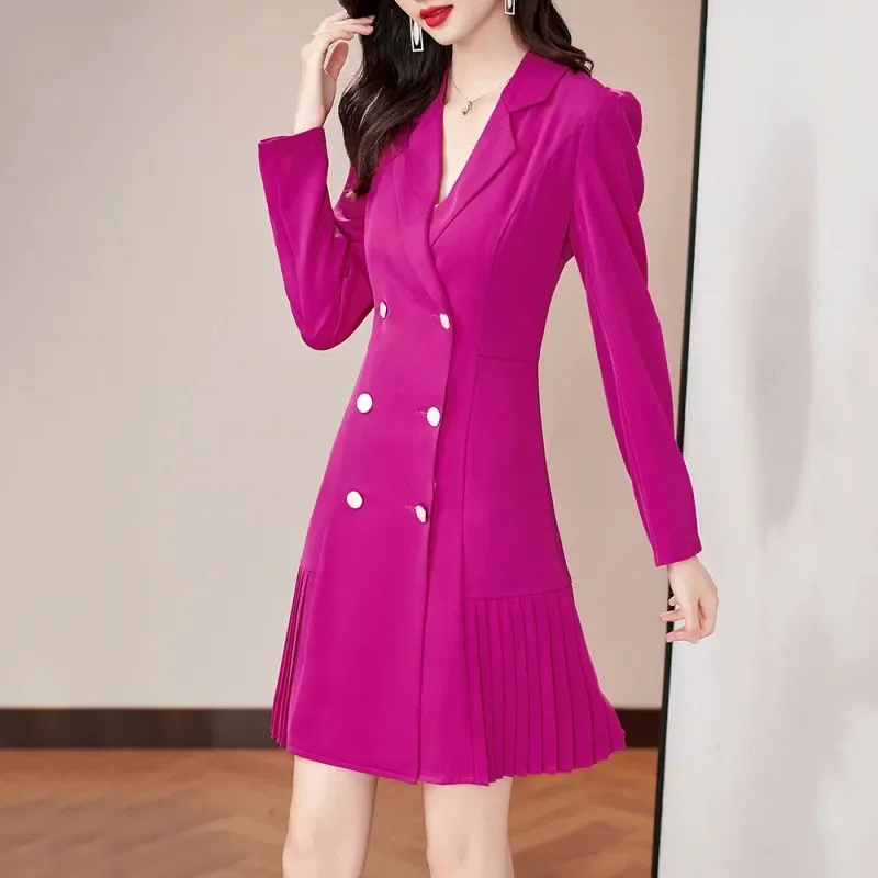 

New Female Suit Dress Spring Autumn Rose Red Long Sleeve Pleated Dresses Professional Women Office Dresses Double-Breasted 4XL