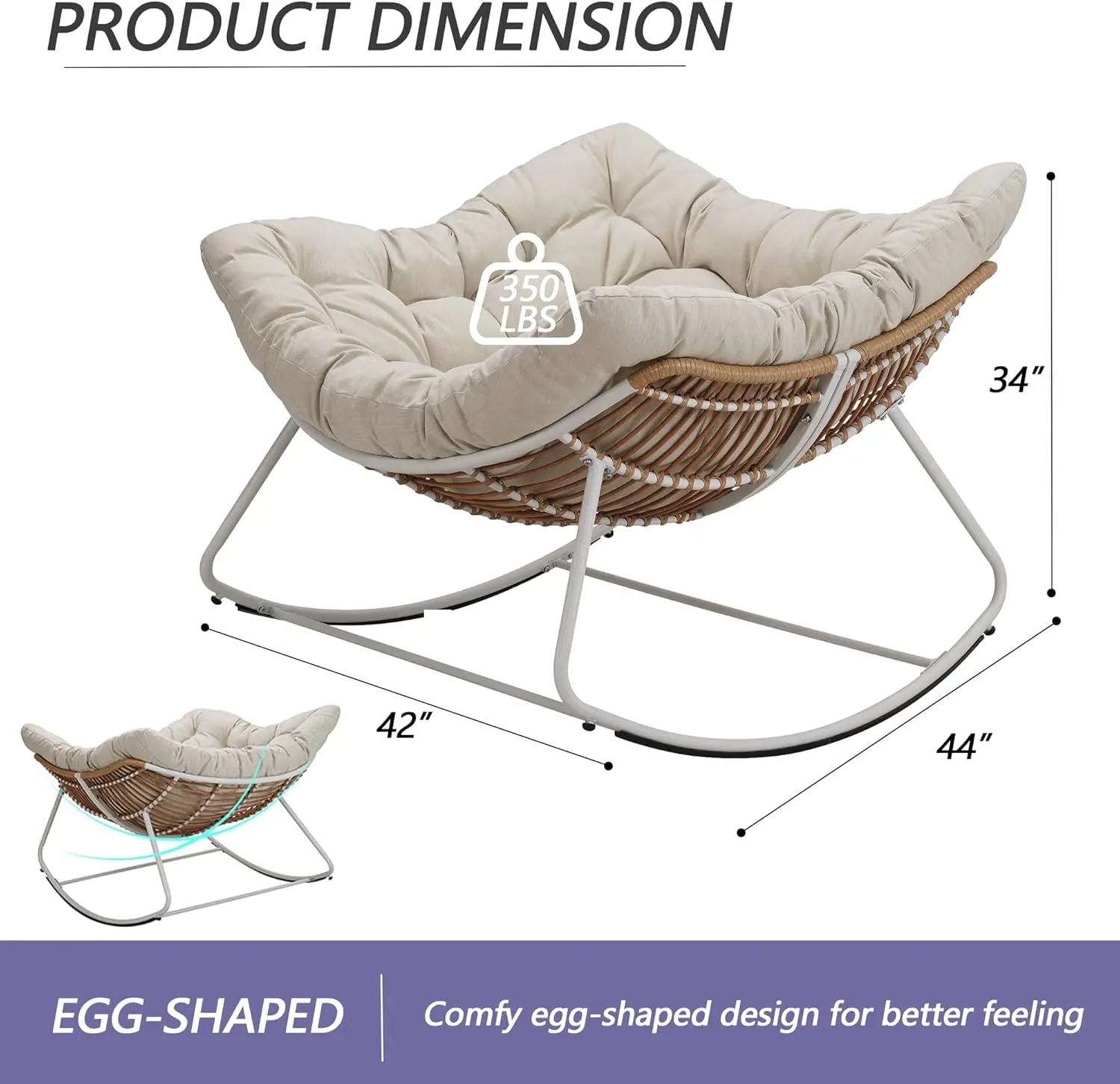 Outdoor Rocking Papasan Chair with Padded Beige Cushion Rocker Recliner Chair, Oversized Metal White Framejavascript: Rattan Egg