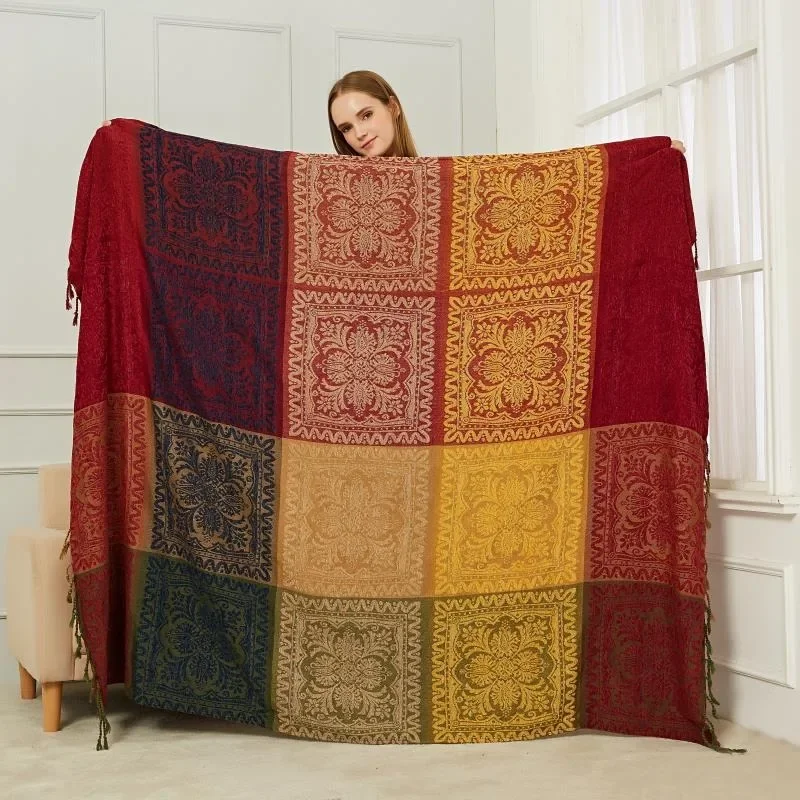 Chenille Mediterranean Shawl Blanket Ethnic Garden Outdoor Camping Travel Plaid Throw Blanket Bed End Blanket Boho Sofa Cover