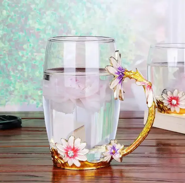 Hand-made Enamel Flower Glass Cup Coffee Mug Scented Tea Milk Lemon Juice Lover Gift Couple Drop ship