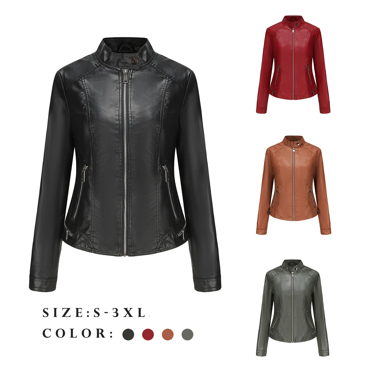 2024 New PU Collar Women's Slim Fit Leather Jackets Spring and Autumn Season Thin Long sleeved Jackets Short Motorcycle Jackets