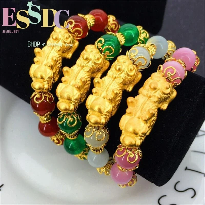 

Fashion Sand Gold Lucky Pixiu Charm Natural Red Onyx Green Chalcedony Beads Bracelet Women Summer Jewelry Wholesale