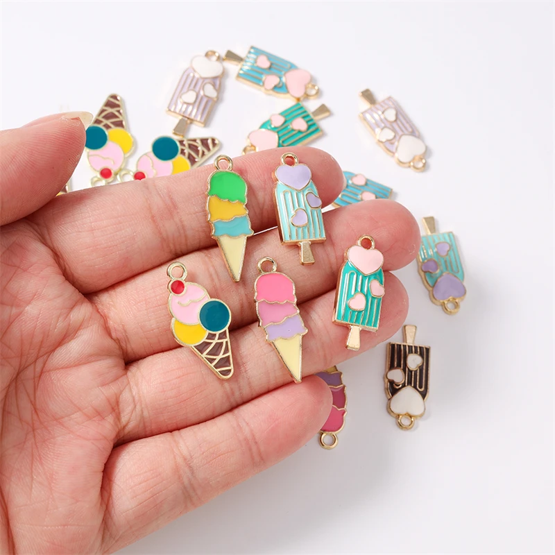 10 Stück niedliche, gemischte Emaille-Anhänger mit Sommer-Essen-Motiven (Eis am Stiel, Eiscreme) für die Schmuckherstellung, Ohrhänger, Halsketten, DIY-Bastelarbeiten, Geschenke – Detail 2