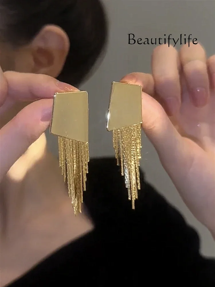 

Geometric Irregular Square Tassel Silver Pin Earrings Fashion Personalized Minority High-Grade Earrings