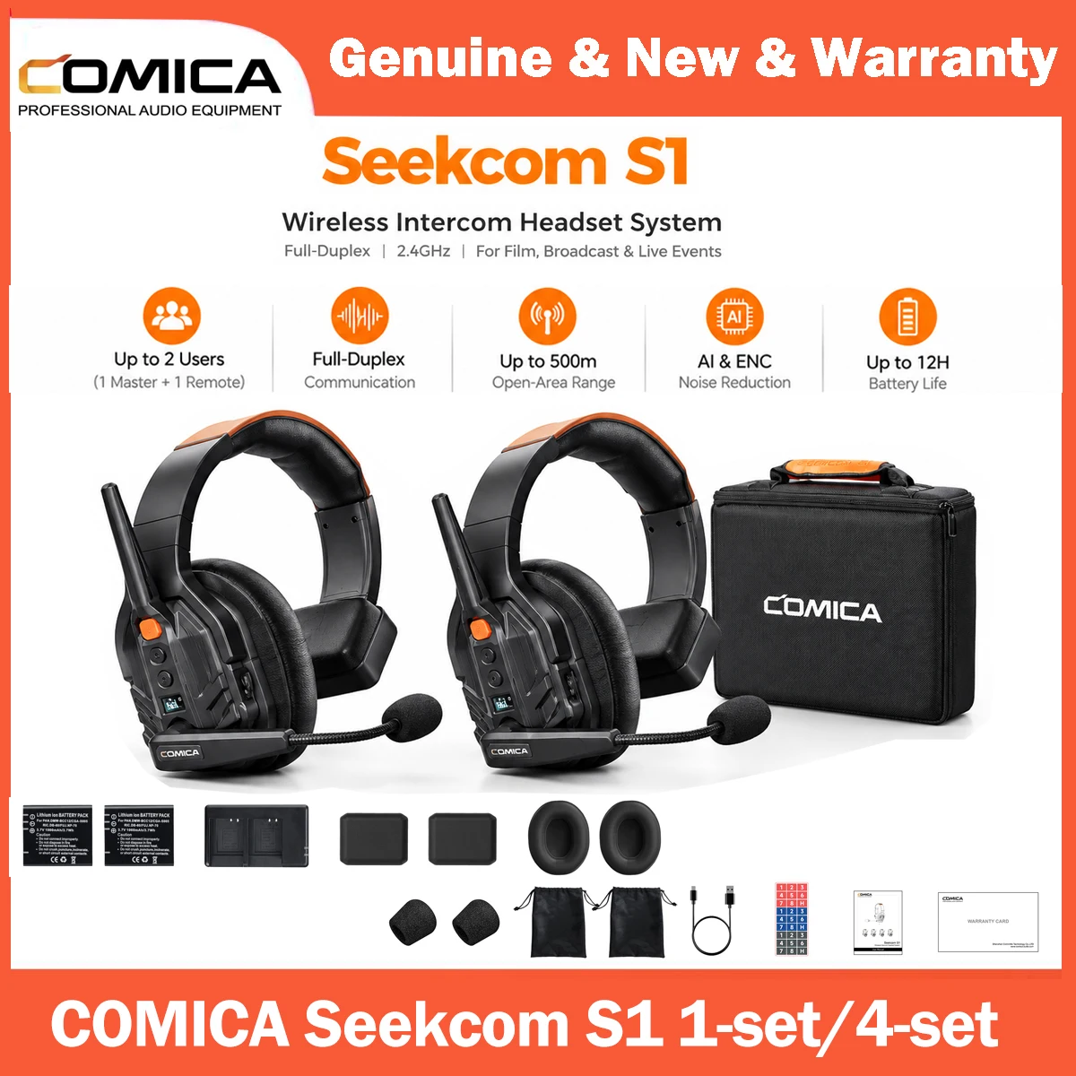 COMICA Seekcom S1 Wireless Intercom Headset System Full-Duplex, 1640ft Range, Noise Reduction, App Control, One-Key Broadcasting