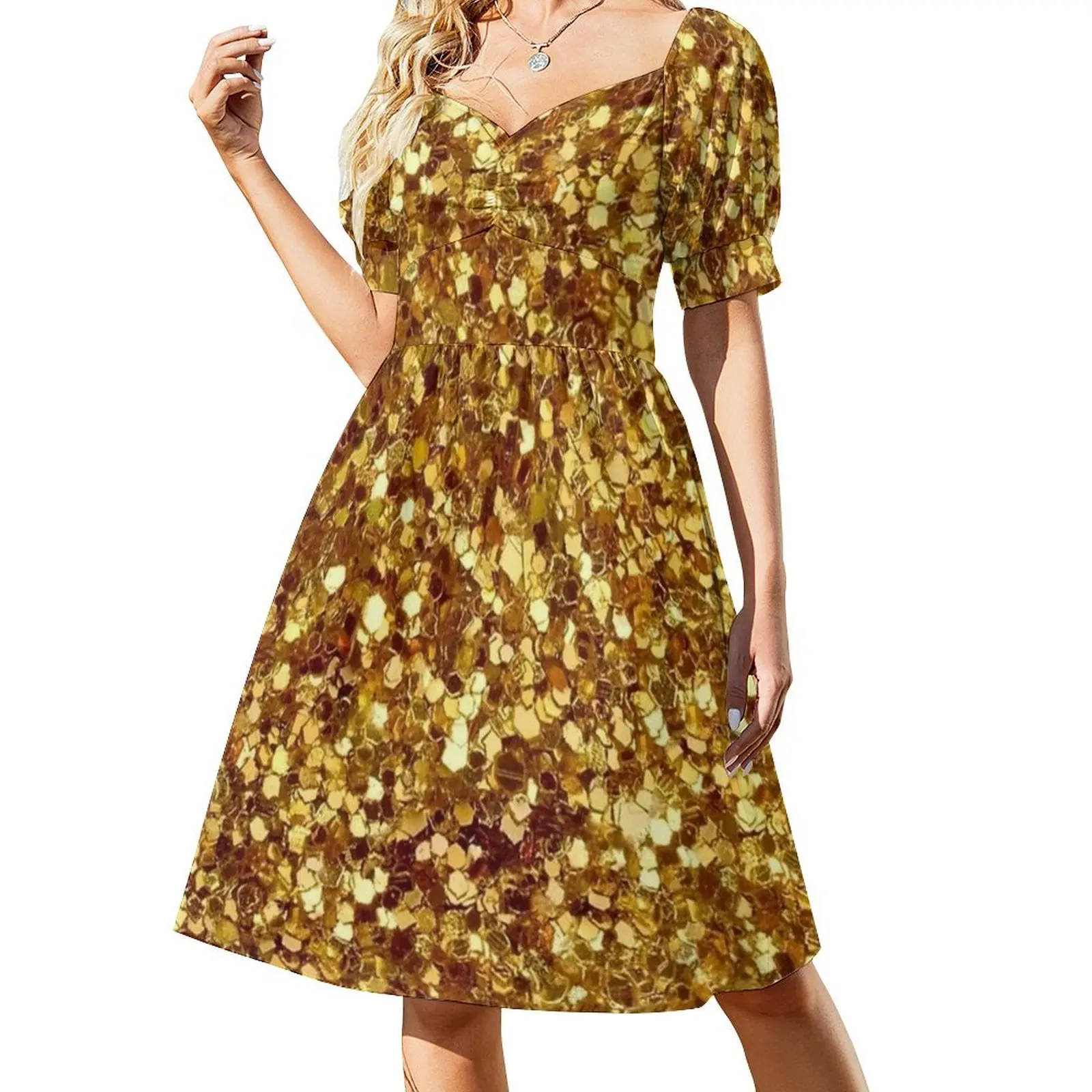 

Gold flakes twinkle Disco ball gold disco fever boogie dance 70s club disco party checkered Short Sleeved Dress