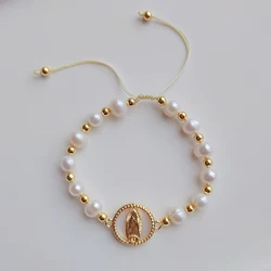 KKBEAD Guadalupe Bracelets Natural Freshwater Pearl Beaded Virgin Mary Charm Bracelet Adjustable Pulseras Christian Jewelry