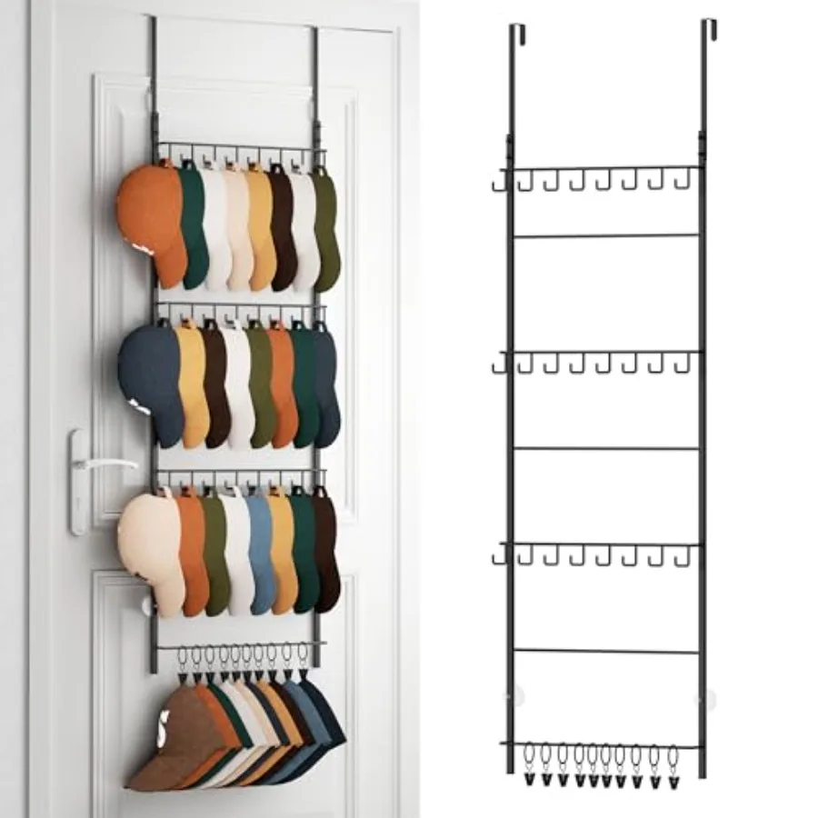 

Over the Door Hat Organizer - Wall Mounted Hat Rack with 2 Hooks and 10 Movable Clips, Hanging Baseball Cap Organizer Storage H