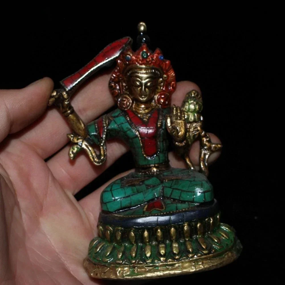 Chinese Old Tibetan Craft Green Pine Inlaid Manjushri Sword Buddha Statue
