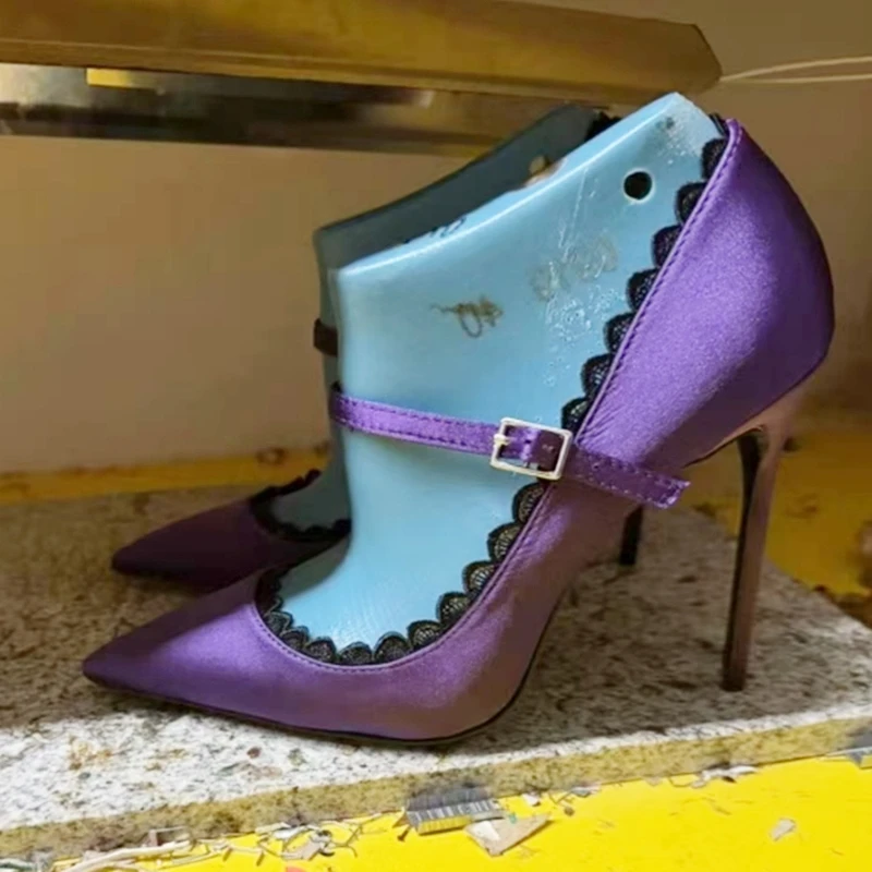 

Sexy Purple Satin Ankle Strap Stiletto High Heels Pumps Black Lace Trim Pointed Toe Single Strap 12cm 10cm 8cm Female Dress Shoe