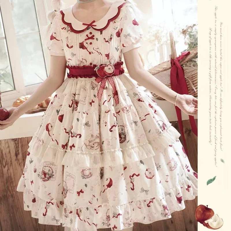 

Cute Bow Peter Pan Collar Pary Dress Victorian Sweet Elegant Lolita Dress Women Kawaii Fruit Print Short Sleeve Princess Dresses