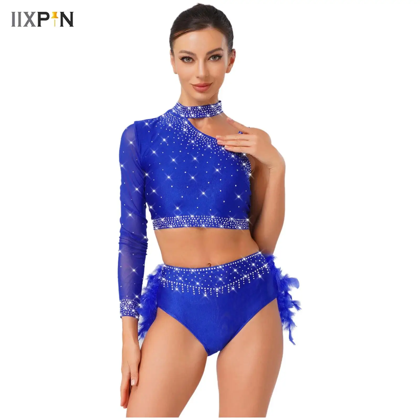 

Womens Latin Jazz Dance Outfits One Shoulder Long Sleeve Crop Top Feather Briefs 2-piece Dancewear for Belly Dance Chacha Tango