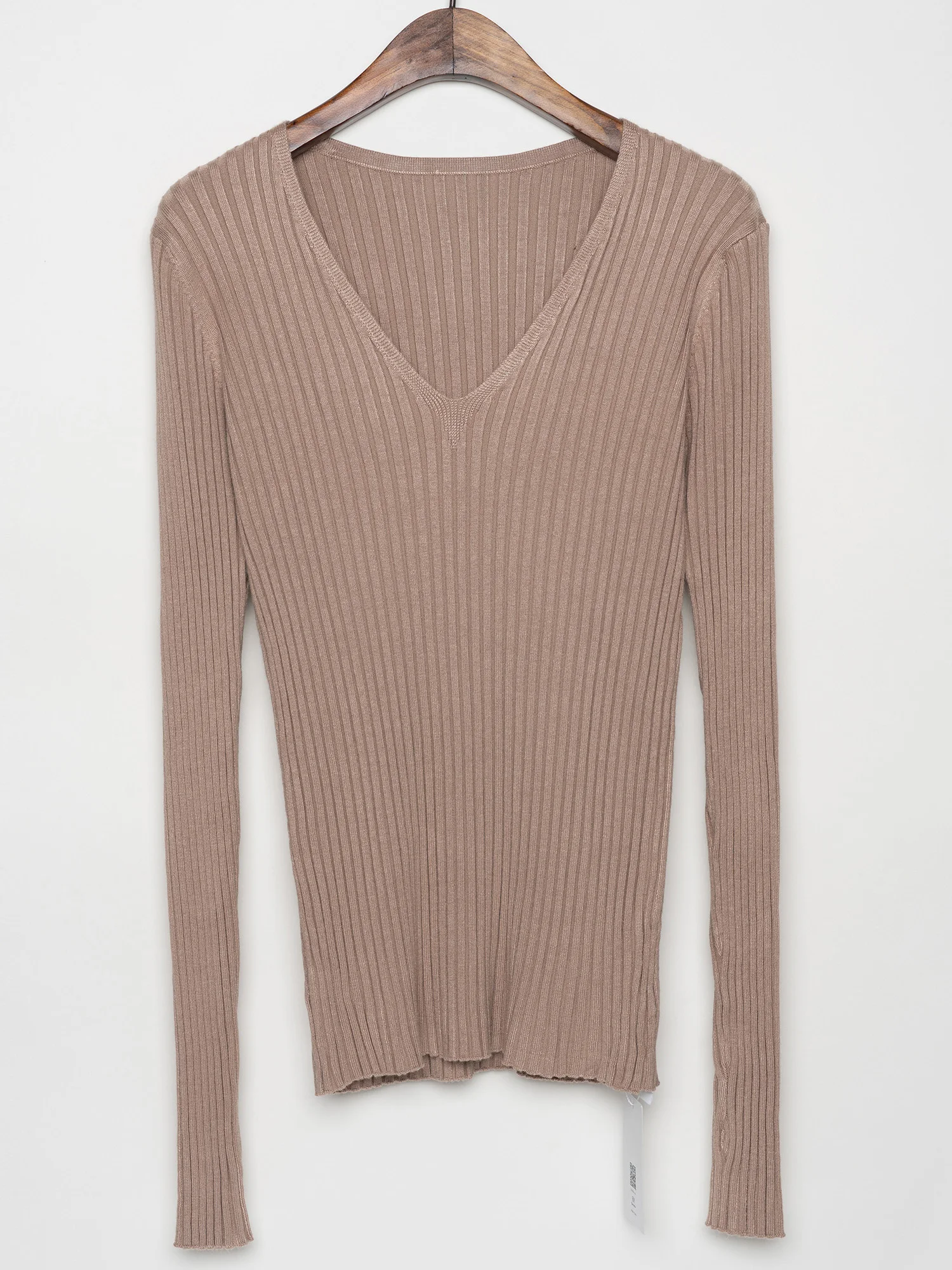 Women Ribbed V Neck Sweater Pullovers Basic Cotton Knitted Tops Slim Fit With Thumb Hole