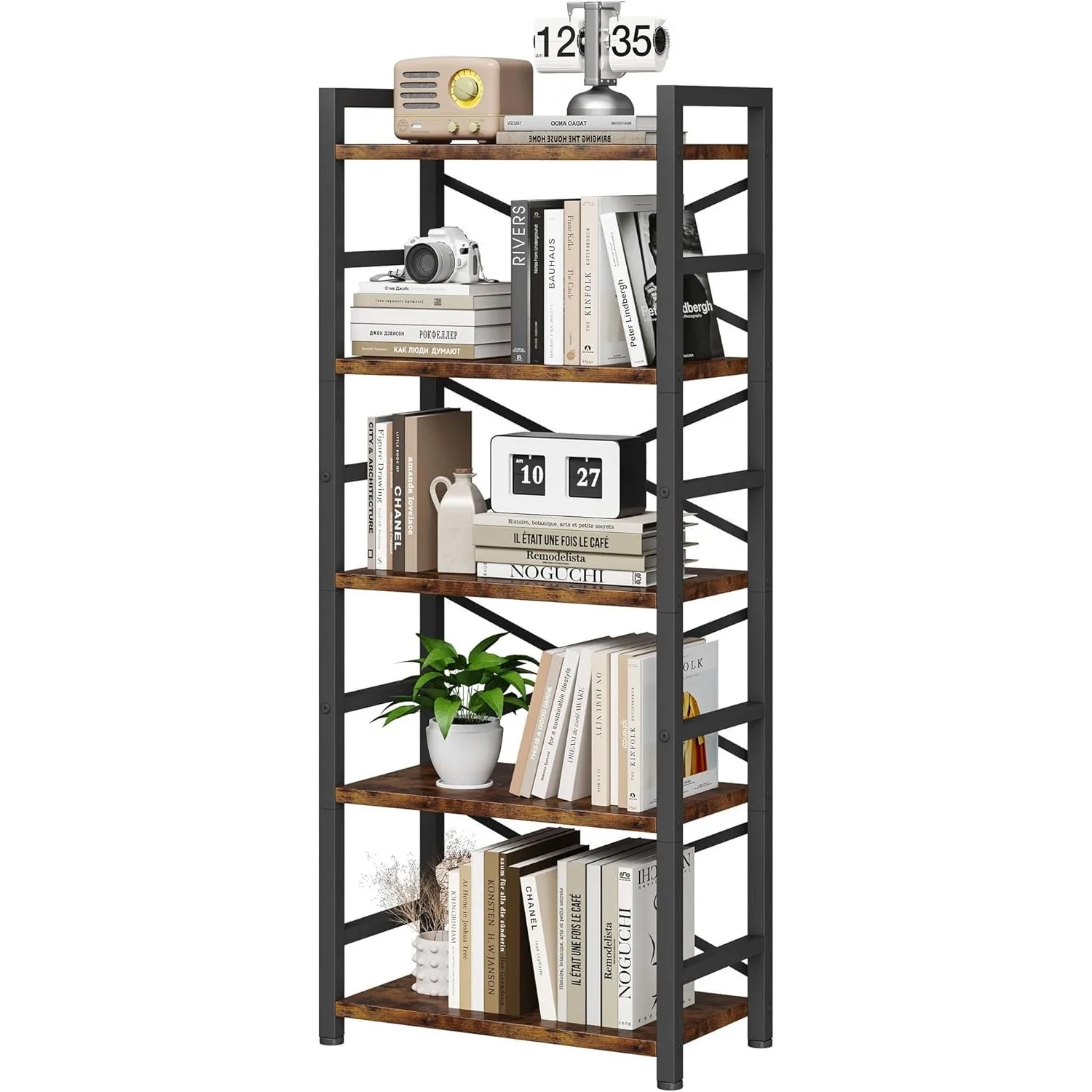 

Organization and Storage, 5 Tier Bookshelf, Tall Bookcase with Shelves, Wood and Metal Book Shelf Storage Organizer, Industrial