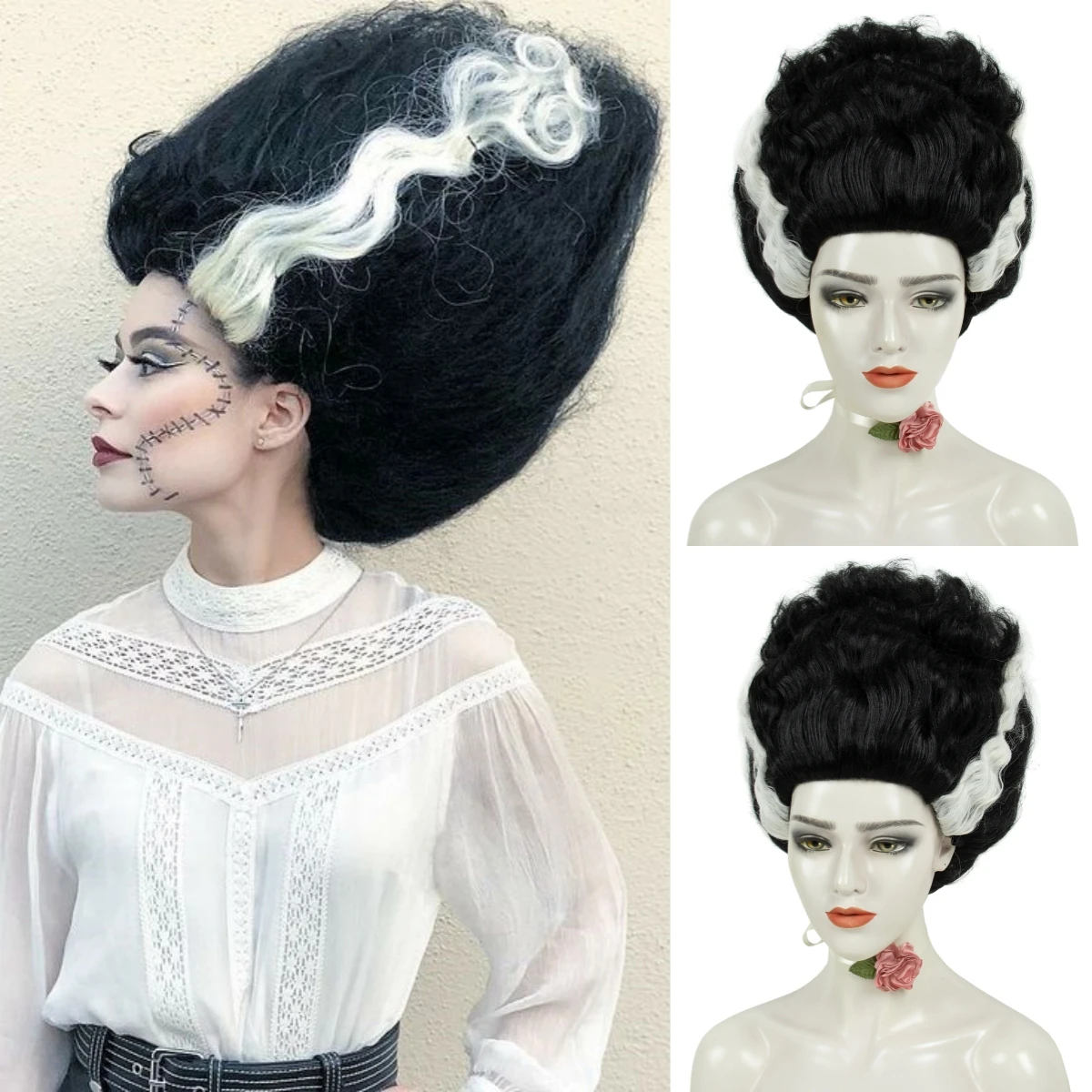 REEWES Zwart-wit Afro Pruik Bijenkorf Frankenstein Bruiden Cosplay Synthetisch haar Dagelijks Feest Halloween Kostuum Aankleden