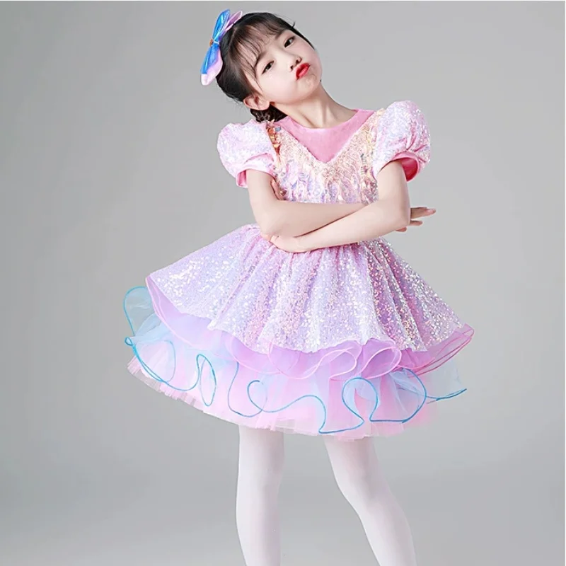

2025 New sequins dance dress pink Glitter dance costume girls Festival Celebration Modern Colorful Dress Performance
