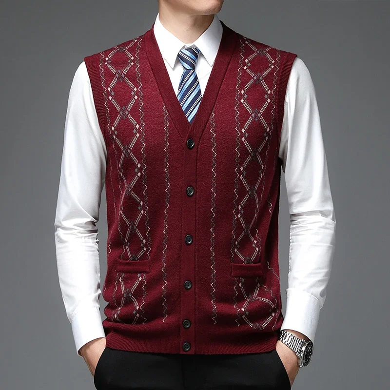 New Autum Fashion Brand Argyle 6% Wool Cardigan Diamond Sweater Deep V Neck Knit Vest Men Trendy Sleeveless Casual Men Clothing