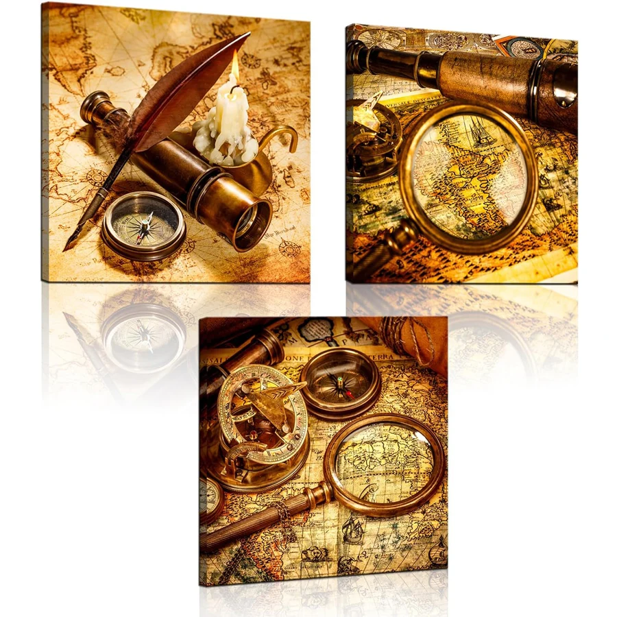 Retro full diamond painting Retro Old Map Telescope Compass Candle Picture cross stitch diamond embroidery mosaic triptych decor