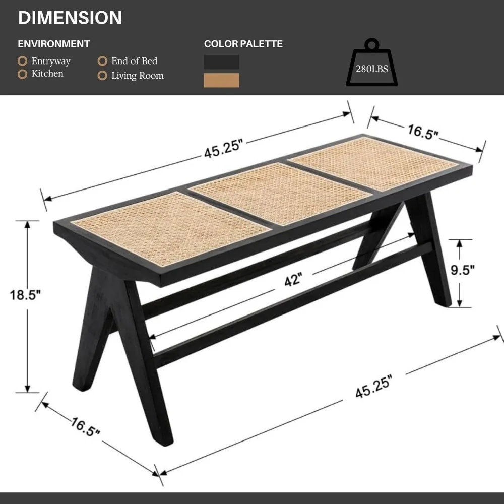 45-дюймовая черная скамейка из ротанга для прихожей, плетеное дерево и трость, конец кровати, скамейка, деревянная обеденная скамейка в фермерском доме с подставкой для ног