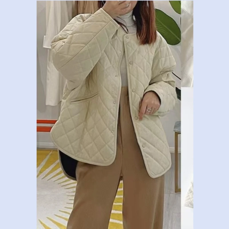 Autumn and winter fashionable diamond grid texture falling shoulder bat sleeves irregular hem cotton coat jacket