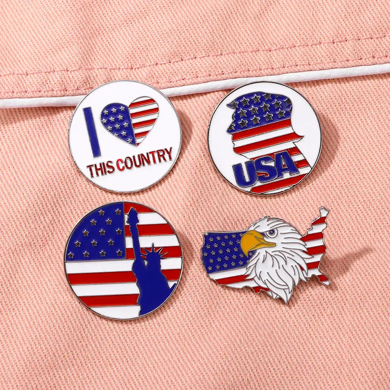 Flag Day Enamel Pins America Map Statue of Liberty Bald Eagle Design Brooches I Love USA Badge