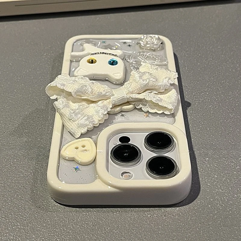 

Чехол для мобильного телефона с милым бантом для IPhone 16 15 14 Pro Max, белый 3D Cute Cat для IPhone 13 12 11 XR XS MAX Case