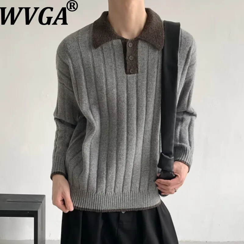 WVGA Autumn Winter New Men's Color Block Ribbed Turn-Down Collar Trendy Pullover Sweater Niche Chic Casual Loose Tops Ins W27757