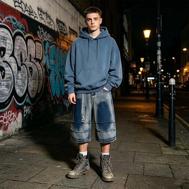 Herren Washed Denim Culottes Baggy Wide Leg Cropped Jeans mit abnehmbarem Gürtel Y2K Streetwear Oversized Distressed Jeans-Shorts – Detail 2
