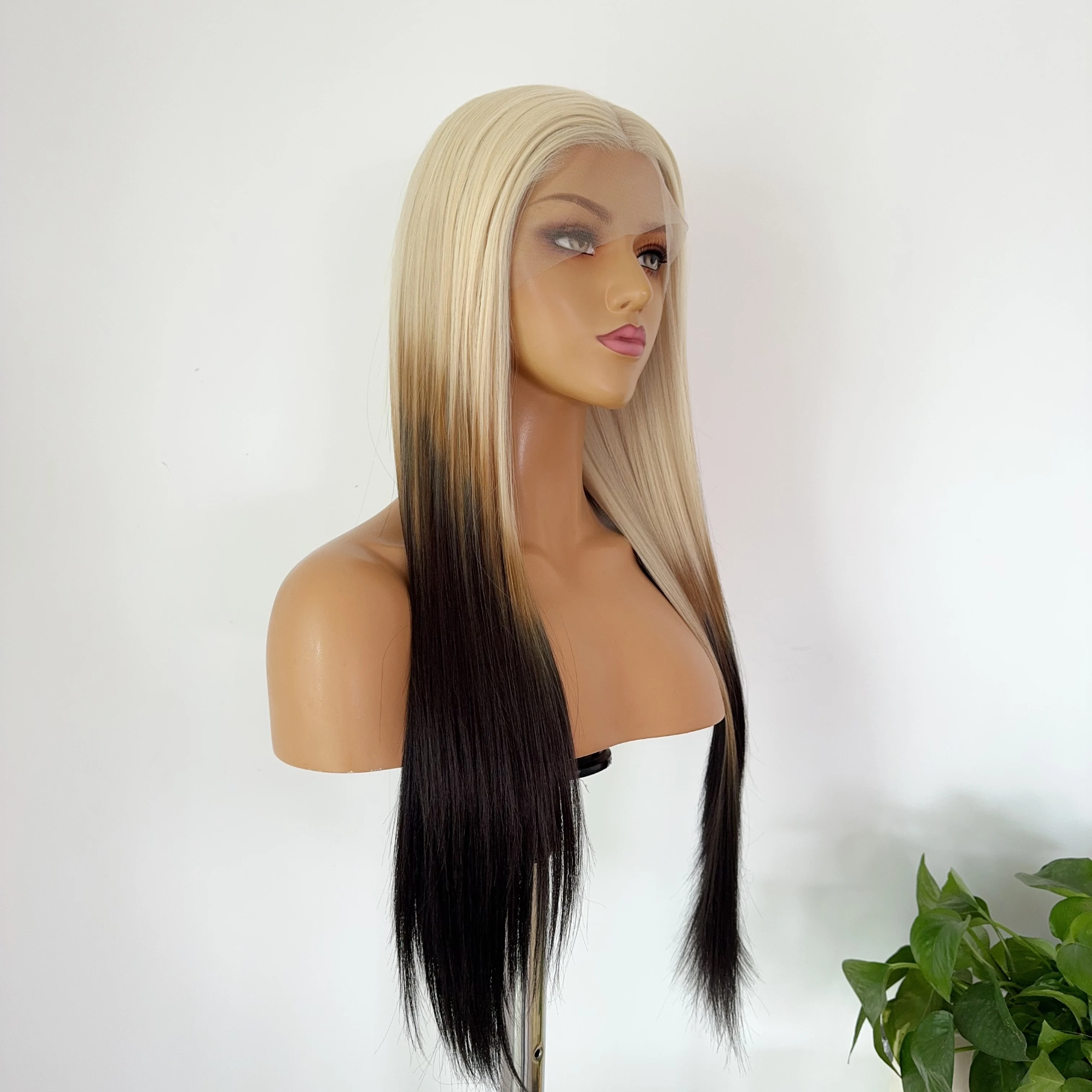 オンブレブラウンゴールドレースウィッグ 女性用 26インチ HDロングストレート 13×4 ナチュラルフロントレース 高品質合成繊維 コスプレ用