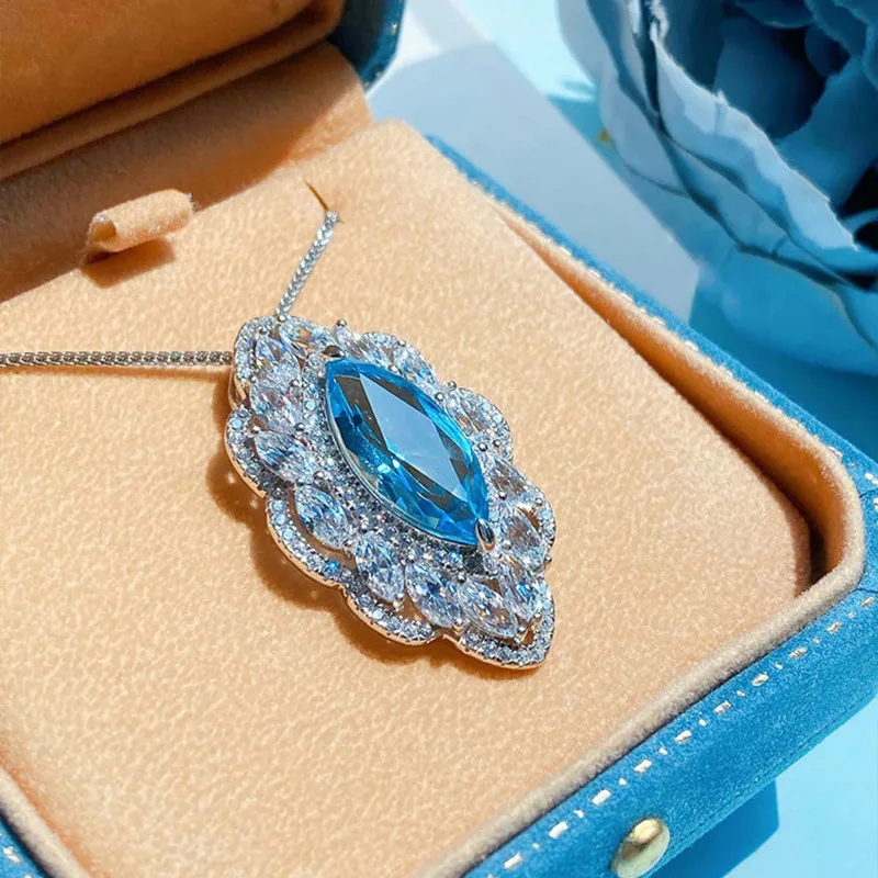 DIY accessories Haute couture design heavy industry inlaid horse eye shape high carbon diamond aquamarine topaz necklace ring se