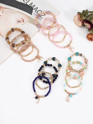 Bohemian Stackable Bead Bracelets for Women Multilayered Bracelet Pendant Charm Stretch Bangles