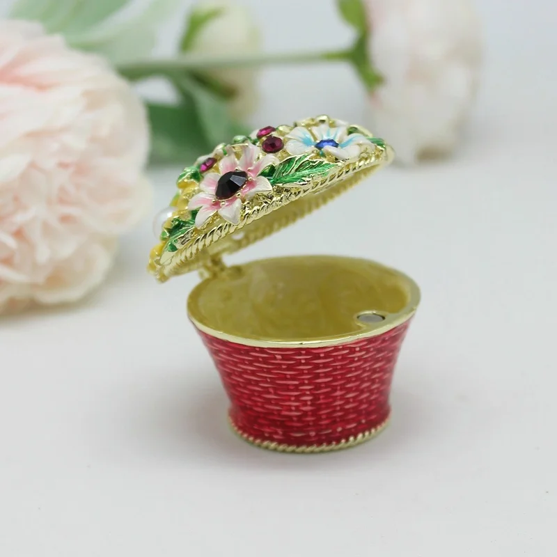SHINNYGIFTS Hand Painted Pewter Enamel Flower Basket Decorative Box Wedding Gift Metal Trinket Box