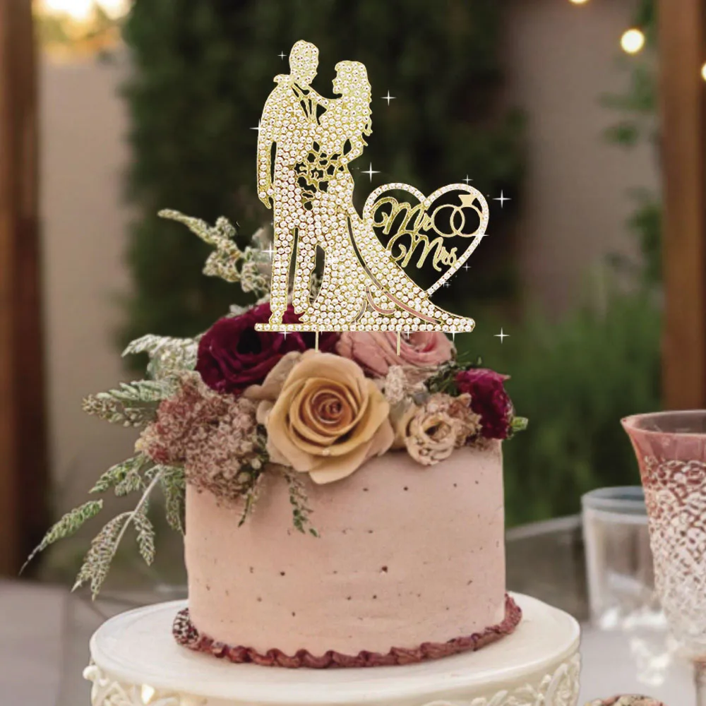Hochzeitstorte Topper Kristall Strass Metall Mr und Mrs Kuchen Topper Hochzeit Braut und Bräutigam Brautparty Party – Detail 3