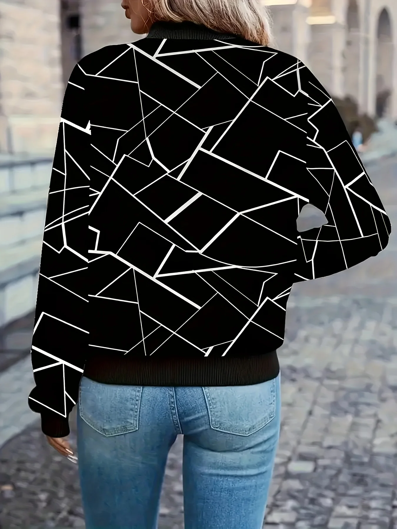 سترة بيسبول نسائية هندسية، تصميم طباعة كاجوال، ملابس ترفيهية للربيع والخريف، معاطف ملابس خارجية أنيقة للنساء #2