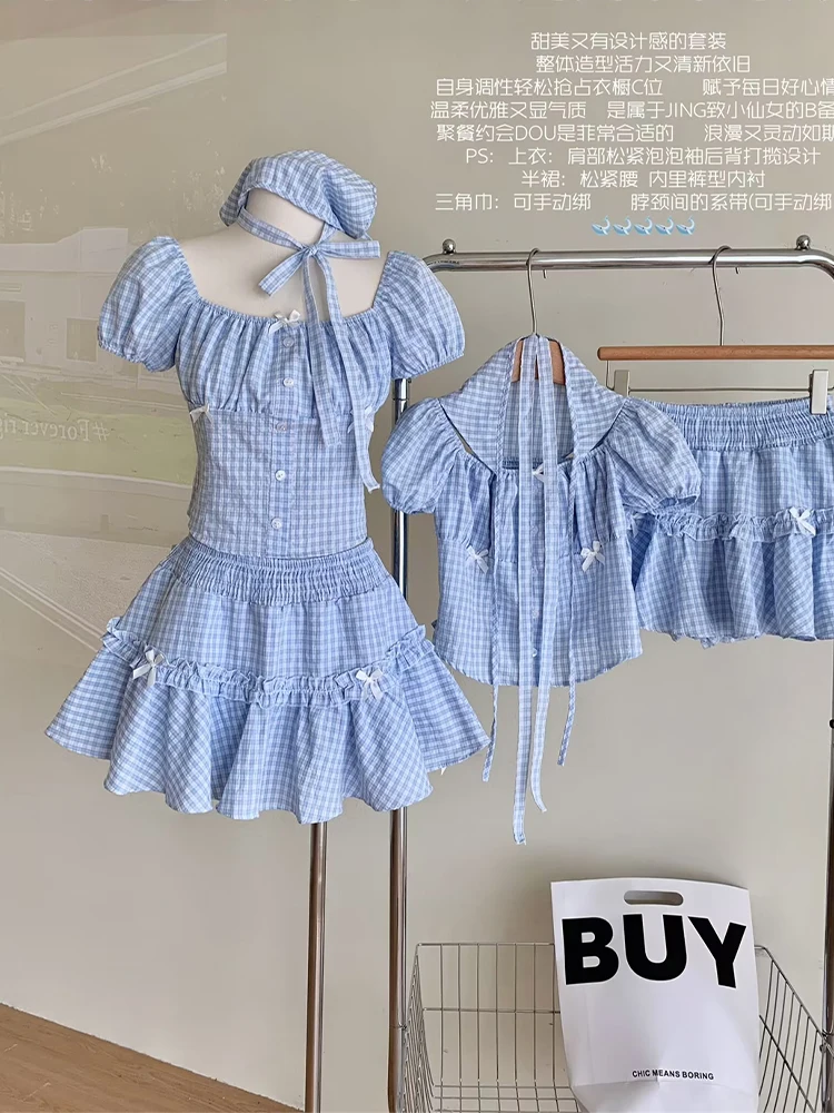 Setelan pakaian wanita dua potong Vintage, setelan wanita dua potong, rok Mini A-Line dan kemeja lengan pendek Harajuku 90s Y2k, set celana elegan 2000s pakaian musim panas