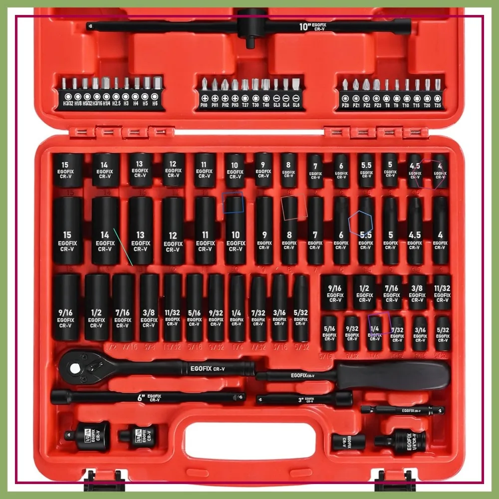 

90-Piece 1/4" Drive Impact Socket Set with Metric, SAE Sizes, Ratchet, and Bits for Home and Auto Repair
