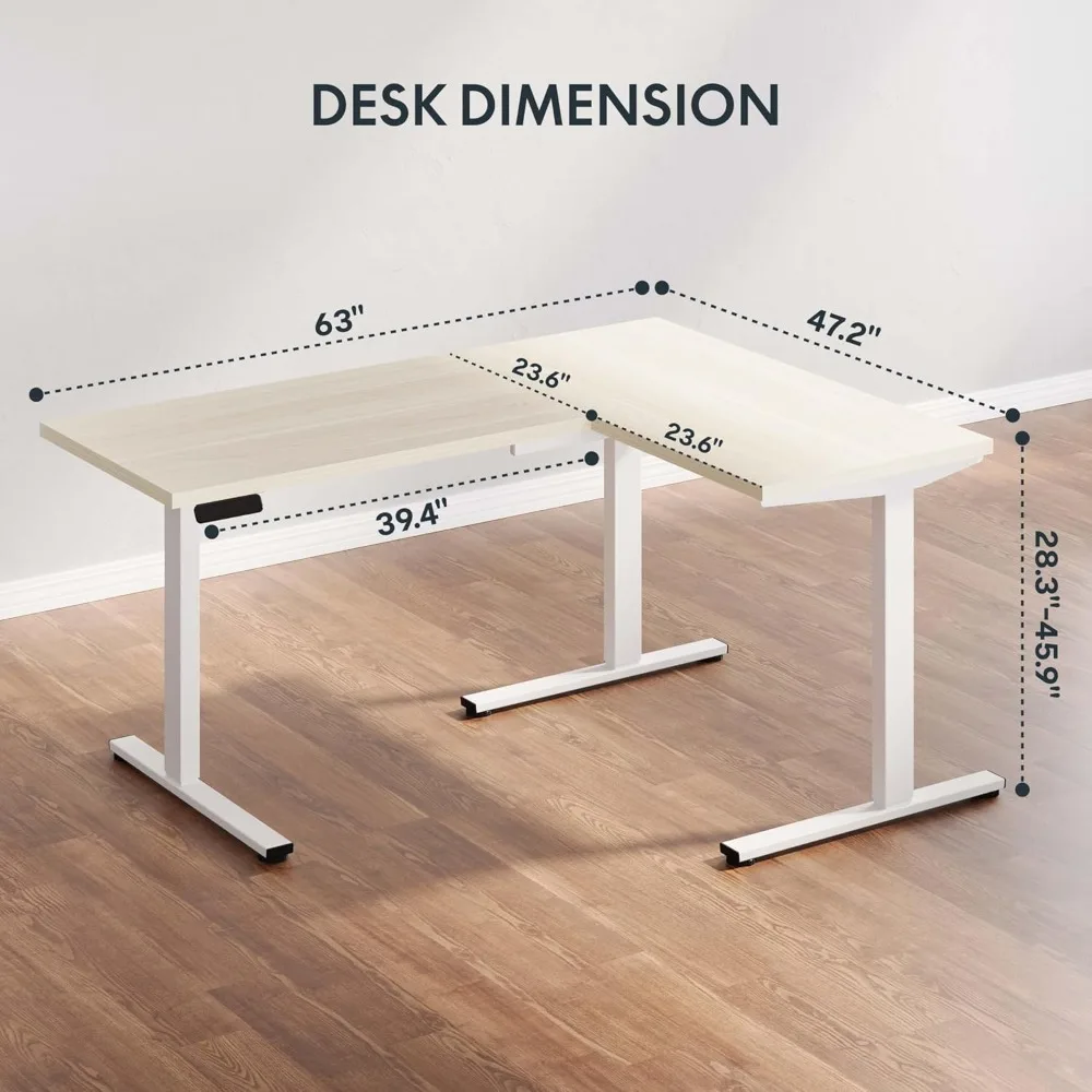 مكتب قائم كهربائي مريح على شكل حرف L، مكتب بارتفاع قابل للتعديل 63 بوصة مع درج تخزين، مكتب زاوية للاستخدام في حامل الجلوس
