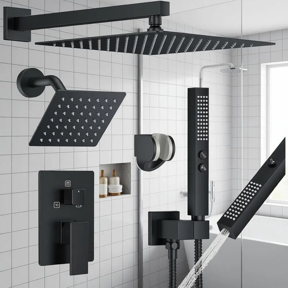 

Матовая черная душевая система с двумя квадратными лейками (12 и 6 дюймов) и ручным распылителем 2-в-1