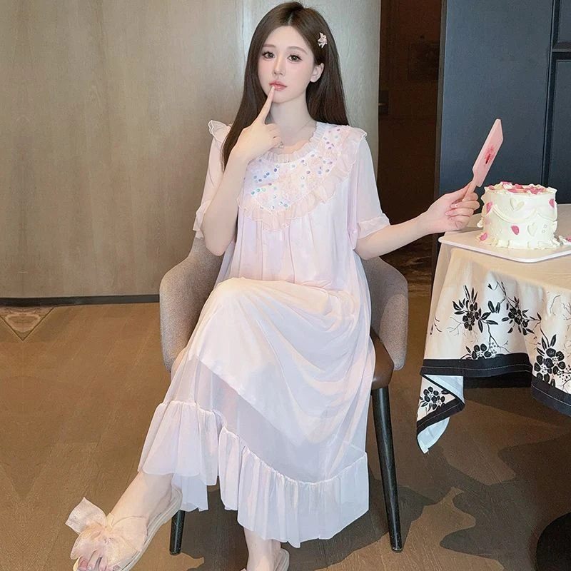 2025 Summer Sweet Lace Princess Short Sleeve Cotton Nightgowns for Women Cute Sleepwear Night Dress Nightdress Femme Home Nighty