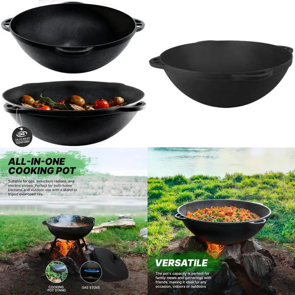 

Чугунная сковорода в узбекском стиле с изолированными двойными ручками и широким горлышком, идеально подходит для приготовления пищи на открытом воздухе