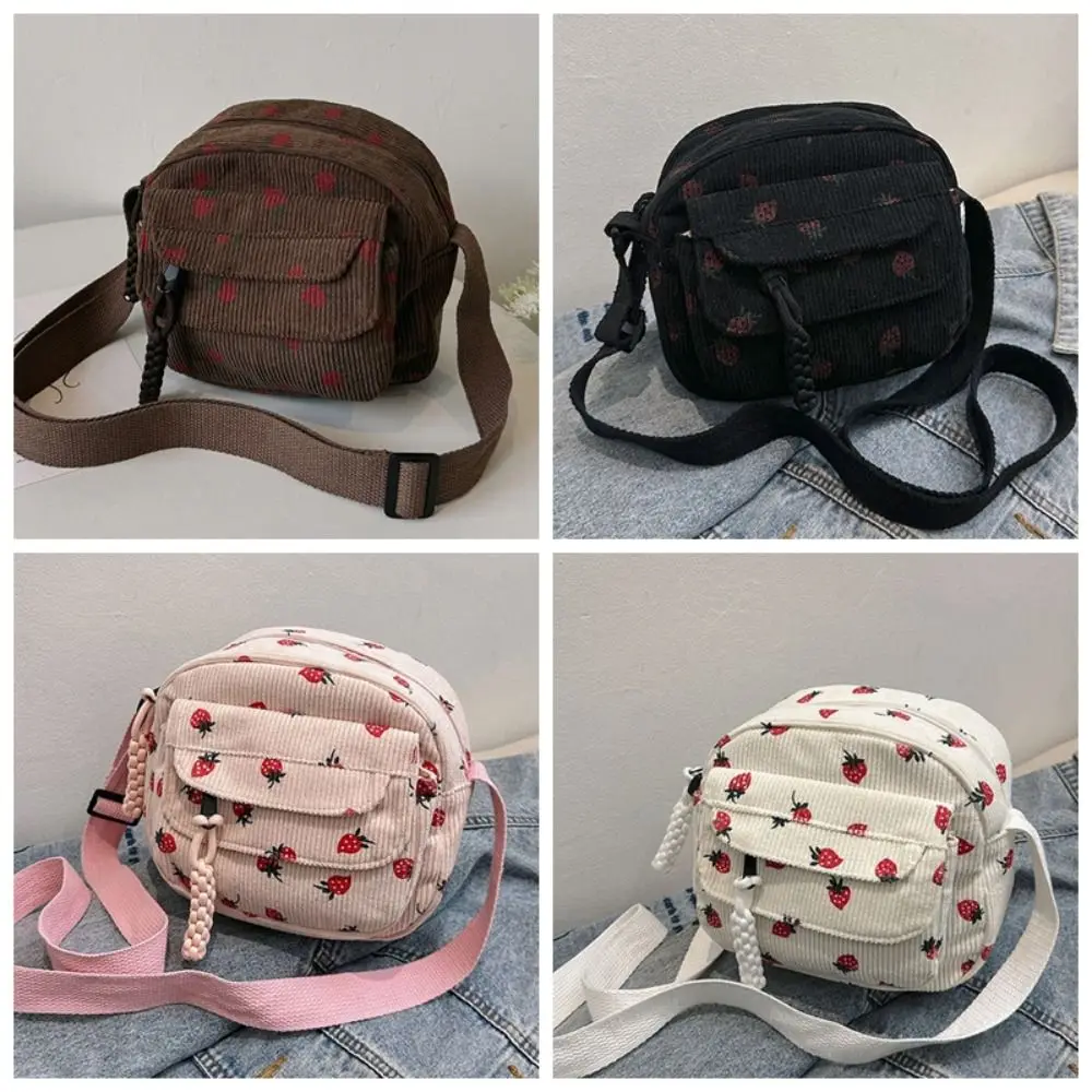 Bolso cruzado de gran capacidad con estampado de fresas para mujer, bandolera de hombro con cremallera, de pana, para viaje