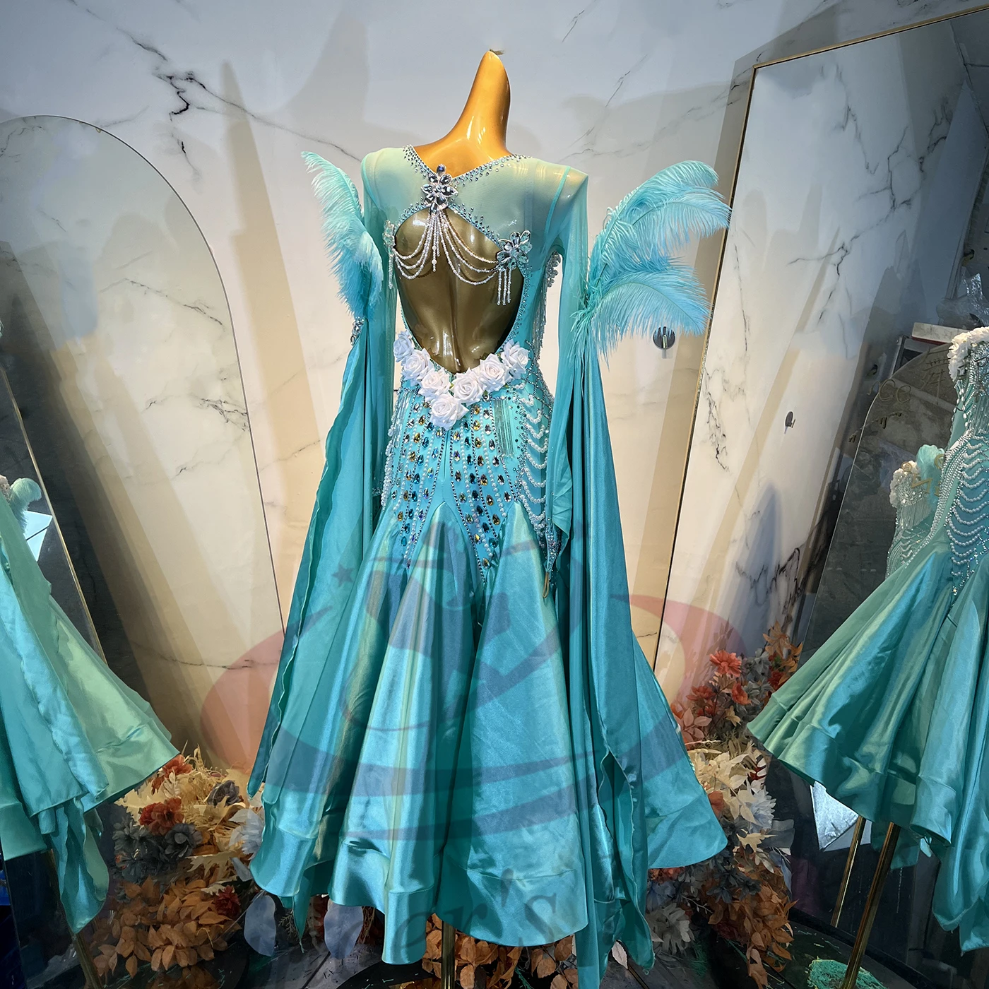 Latin Dance Adult Children'S Dress Rhinestone High-End Custom White Flower Modern Big Skirt Waltz Women'S Professional Clothing