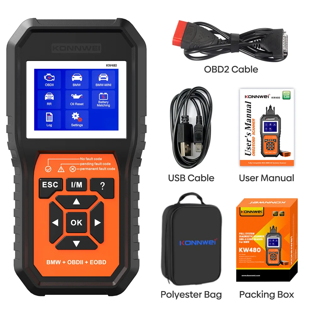 

Сканер KW480 KONNWEI Obd2 для автомобилей Obd2 ABS Подушка безопасности SRS Сброс масла Полные системы Диагностический инструмент Батарея соответствует E38 E46