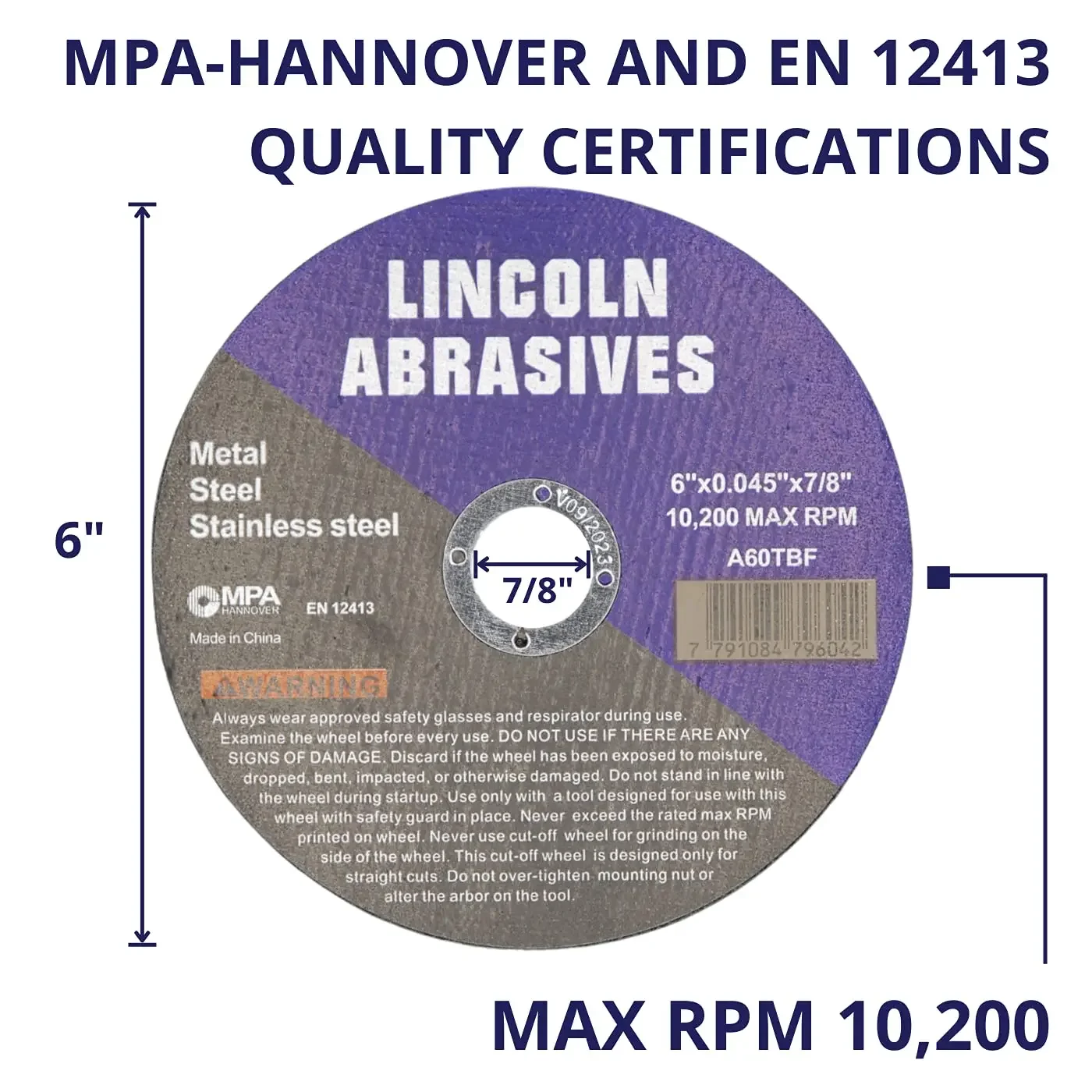 Ruote da taglio da 6" Lincoln Abrasives.045" Metallo e acciaio inossidabile