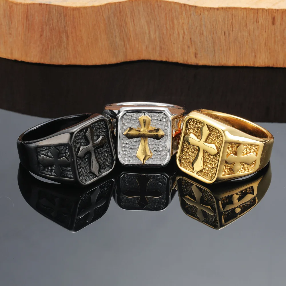 Retro Stainless Steel Rings for Men Cross Shaped Hand Hammered Pattern Hiphop Punk Jewelry Size 7-13 Knights Templar Accessories