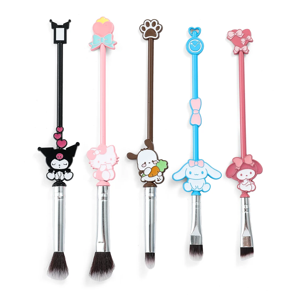 Sanrio Makeup Brush with Bag, Hello Kitty, Kuromi Melody, Cosmetics Blush, Eyebrow, Lip, Eyeshadow Brush, Beauty Tools, 5Pcs