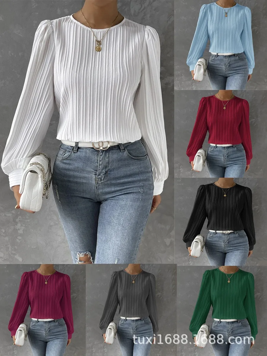 

Women Blouse Long Sleeve Solid Color White Blouses Pleated Balloon Sleeve Light Blue Chiffon Blouse Crop Slim Fit Burgundy Top