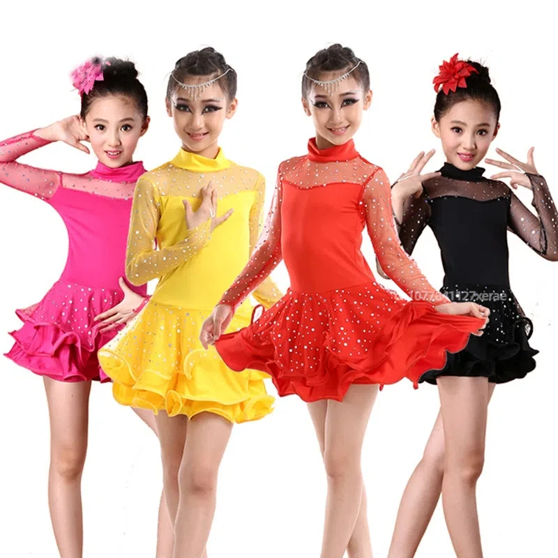 Jupe de danse latine pour enfants, à reflets, manches longues, pour filles, spectacle de compétition de classement, nouvelle collection